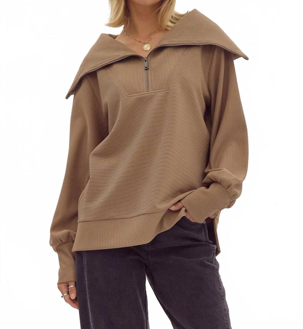 NEW ENTRO solid ribbed half-zip long sleeve top in mocha